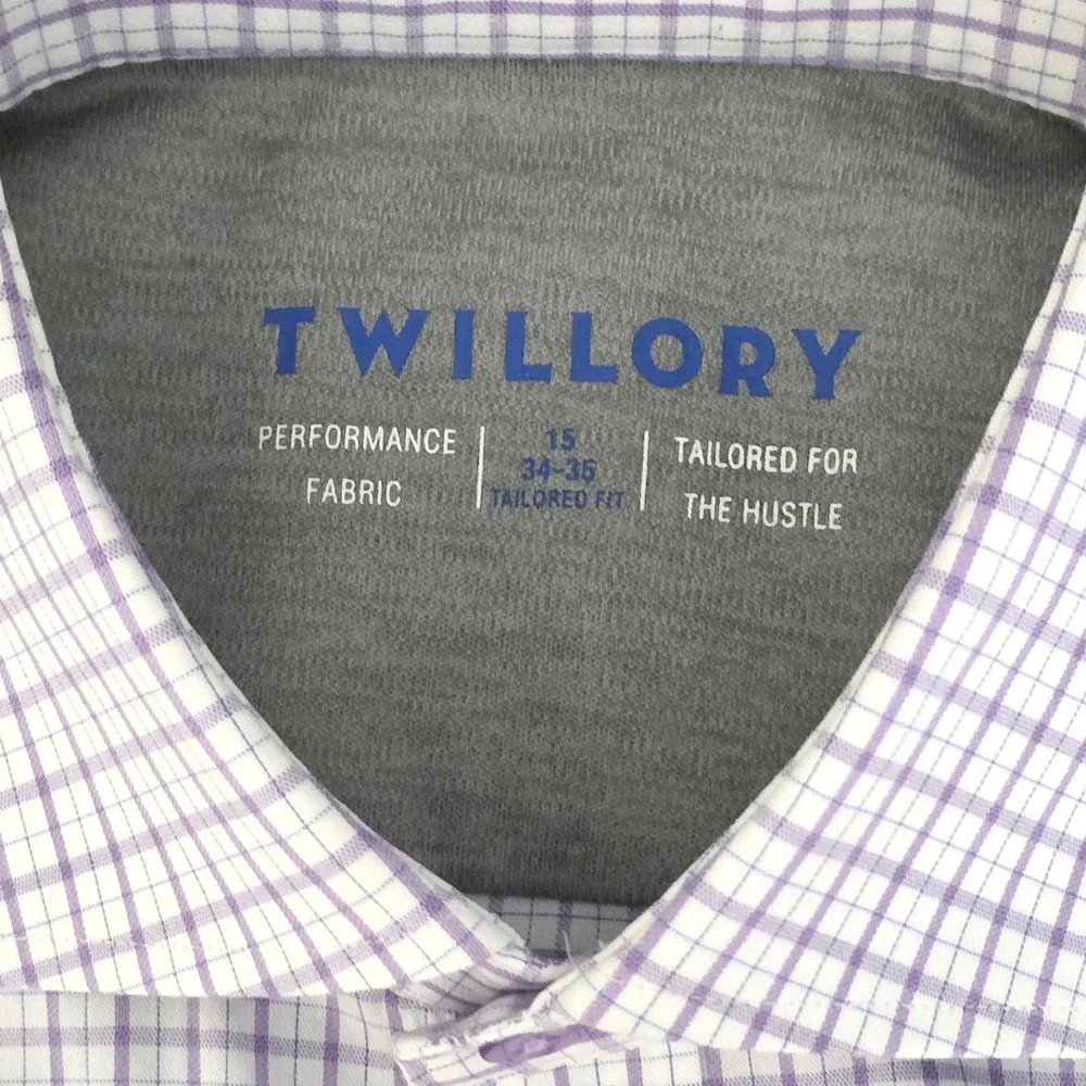 Twillory Performance Dress Shirt Mens Tailored Fit Purple Check Stretch 15 34-35